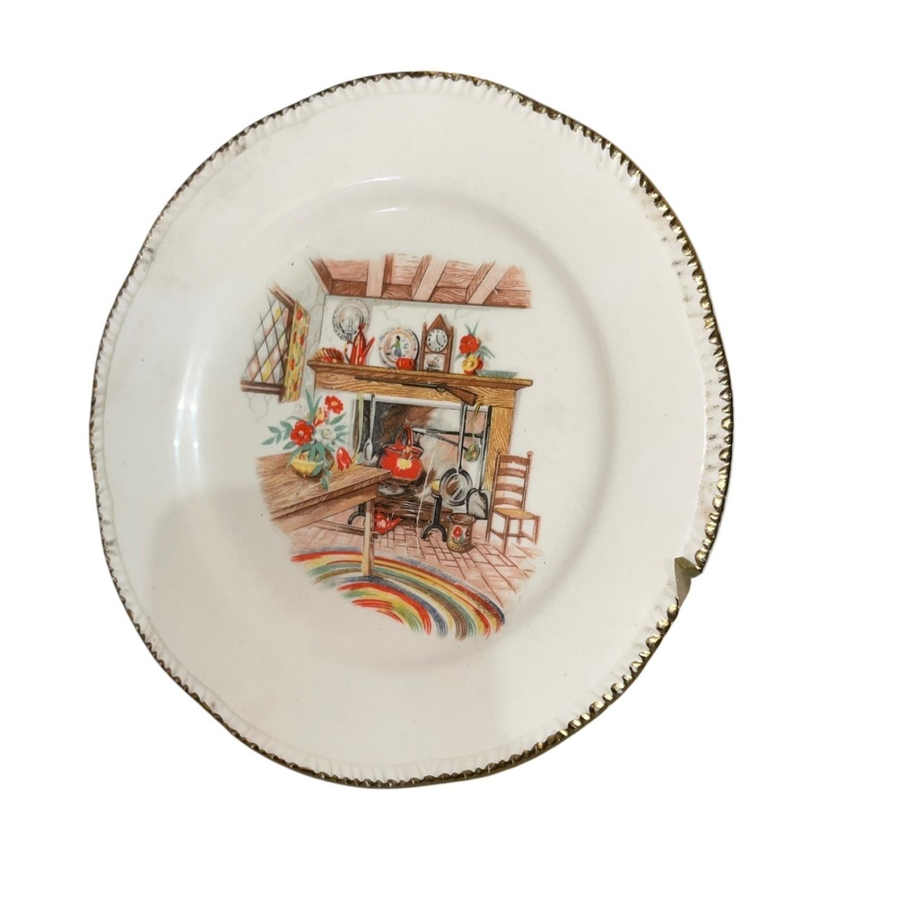 Vintage Homer Laughlin Decorative Plate Eggshell‎ Colonial Fireplace Gold Trim